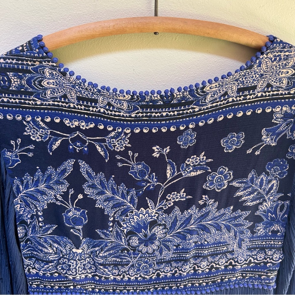 Boho-Style Deep Blue V-Neck Tiered Mini Dress - Picture 9 of 16